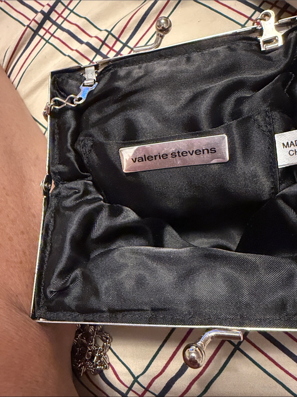 Valerie Stevens Black Satin Frame Wristlet Clutch with Chain
